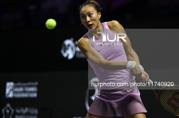 RIYADH, SAUDI ARABIA - NOVEMBER 04: Qinwen Zheng of China during her match against Elena Rybakina of Kazakhstan  on day 3 of the 2024 WTA Fi...