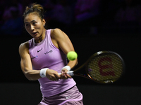 RIYADH, SAUDI ARABIA - NOVEMBER 04: Qinwen Zheng of China during her match against Elena Rybakina of Kazakhstan  on day 3 of the 2024 WTA Fi...