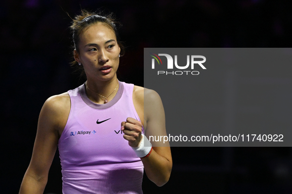 RIYADH, SAUDI ARABIA - NOVEMBER 04: Qinwen Zheng of China during her match against Elena Rybakina of Kazakhstan  on day 3 of the 2024 WTA Fi...