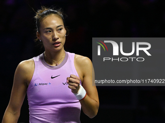 RIYADH, SAUDI ARABIA - NOVEMBER 04: Qinwen Zheng of China during her match against Elena Rybakina of Kazakhstan  on day 3 of the 2024 WTA Fi...