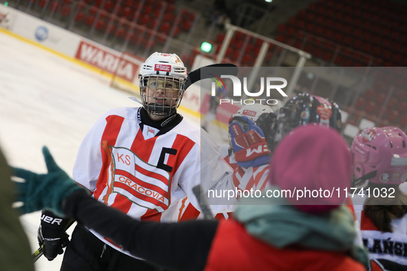 The KS Cracovia 1906 team plays against MMKS Podhale Nowy Targ at the Adam 'Roch' Kowalski ice rink on the occasion of the 20th anniversary...