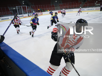 A hockey match takes place between KS Cracovia 1906 (reds) and MMKS Podhale Nowy Targ (blues) at the Adam 'Roch' Kowalski ice rink on the oc...