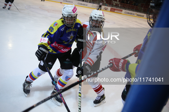 A hockey match takes place between KS Cracovia 1906 (reds) and MMKS Podhale Nowy Targ (blues) at the Adam 'Roch' Kowalski ice rink on the oc...