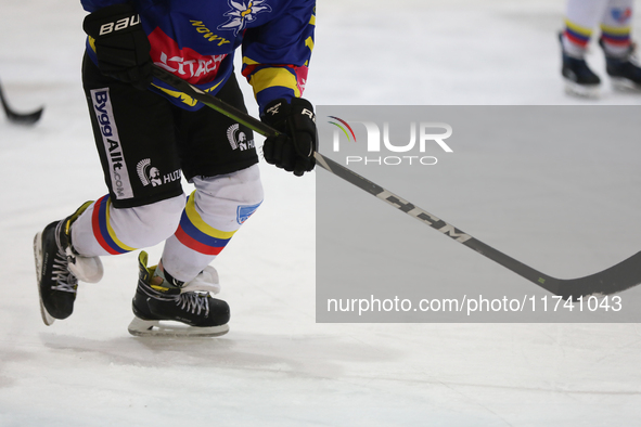 The MMKS Podhale Nowy Targ team plays against KS Cracovia 1906 at the Adam 'Roch' Kowalski ice rink in Krakow, Poland, on November 3, 2024,...