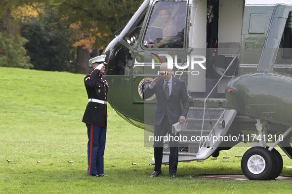 US President Joe Biden arrives at the White House from Wilmington, Delaware, on November 4, 2024, at the South Lawn in Washington, DC, USA. 