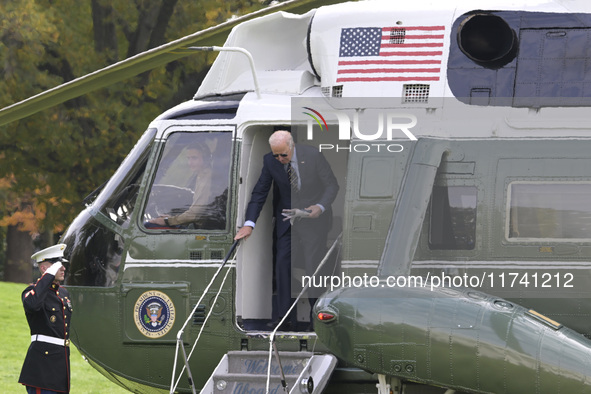 US President Joe Biden arrives at the White House from Wilmington, Delaware, on November 4, 2024, at the South Lawn in Washington, DC, USA. 