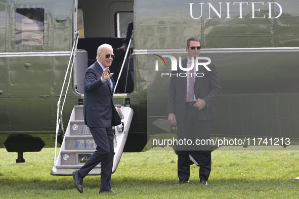 US President Joe Biden arrives at the White House from Wilmington, Delaware, on November 4, 2024, at the South Lawn in Washington, DC, USA. 