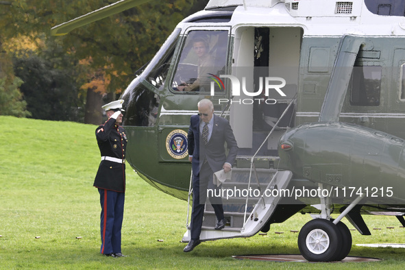 US President Joe Biden arrives at the White House from Wilmington, Delaware, on November 4, 2024, at the South Lawn in Washington, DC, USA. 