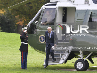 US President Joe Biden arrives at the White House from Wilmington, Delaware, on November 4, 2024, at the South Lawn in Washington, DC, USA....