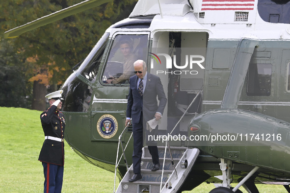 US President Joe Biden arrives at the White House from Wilmington, Delaware, on November 4, 2024, at the South Lawn in Washington, DC, USA. 