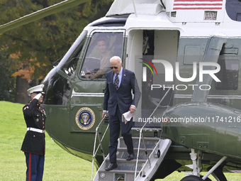 US President Joe Biden arrives at the White House from Wilmington, Delaware, on November 4, 2024, at the South Lawn in Washington, DC, USA....