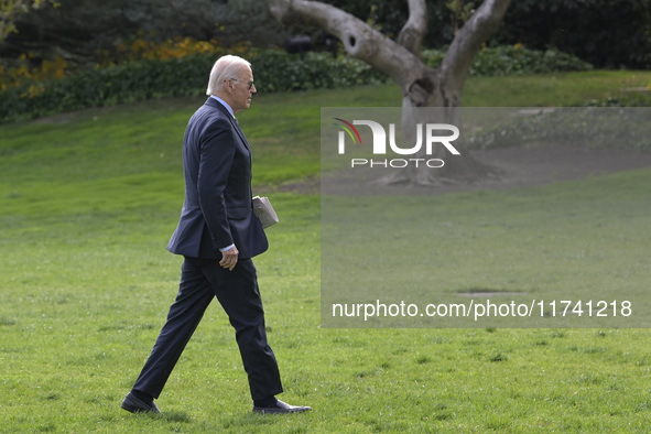 US President Joe Biden arrives at the White House from Wilmington, Delaware, on November 4, 2024, at the South Lawn in Washington, DC, USA. 