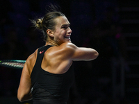 RIYADH, SAUDI ARABIA - NOVEMBER 04: Aryna Sabalenka of Belarus during her match against Jasmine Paolini of Italy on day 3 of the 2024 WTA Fi...