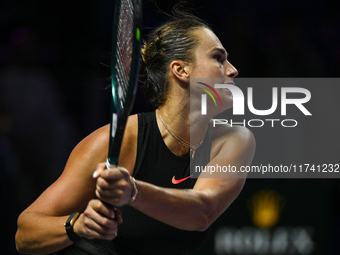 RIYADH, SAUDI ARABIA - NOVEMBER 04: Aryna Sabalenka of Belarus during her match against Jasmine Paolini of Italy on day 3 of the 2024 WTA Fi...