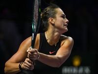 RIYADH, SAUDI ARABIA - NOVEMBER 04: Aryna Sabalenka of Belarus during her match against Jasmine Paolini of Italy on day 3 of the 2024 WTA Fi...