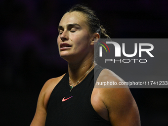 RIYADH, SAUDI ARABIA - NOVEMBER 04: Aryna Sabalenka of Belarus during her match against Jasmine Paolini of Italy on day 3 of the 2024 WTA Fi...