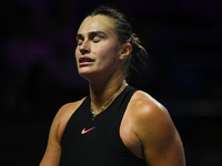 RIYADH, SAUDI ARABIA - NOVEMBER 04: Aryna Sabalenka of Belarus during her match against Jasmine Paolini of Italy on day 3 of the 2024 WTA Fi...