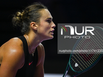 RIYADH, SAUDI ARABIA - NOVEMBER 04: Aryna Sabalenka of Belarus during her match against Jasmine Paolini of Italy on day 3 of the 2024 WTA Fi...