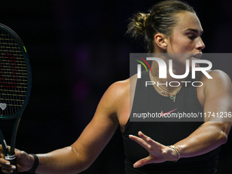 RIYADH, SAUDI ARABIA - NOVEMBER 04: Aryna Sabalenka of Belarus during her match against Jasmine Paolini of Italy on day 3 of the 2024 WTA Fi...