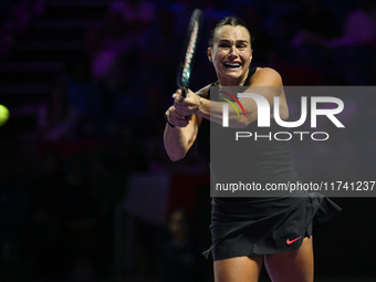 RIYADH, SAUDI ARABIA - NOVEMBER 04: Aryna Sabalenka of Belarus during her match against Jasmine Paolini of Italy on day 3 of the 2024 WTA Fi...