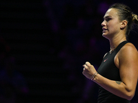 RIYADH, SAUDI ARABIA - NOVEMBER 04: Aryna Sabalenka of Belarus during her match against Jasmine Paolini of Italy on day 3 of the 2024 WTA Fi...