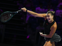 RIYADH, SAUDI ARABIA - NOVEMBER 04: Aryna Sabalenka of Belarus during her match against Jasmine Paolini of Italy on day 3 of the 2024 WTA Fi...