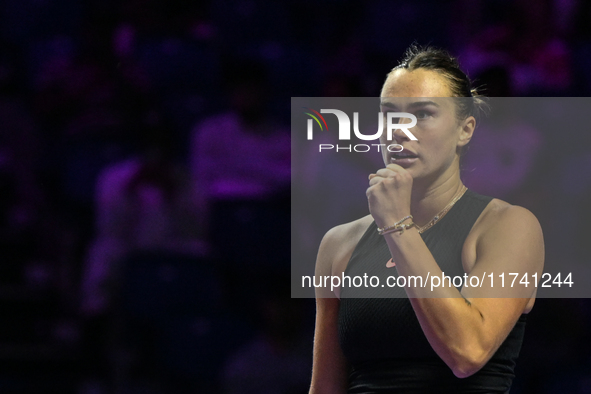 RIYADH, SAUDI ARABIA - NOVEMBER 04: Aryna Sabalenka of Belarus during her match against Jasmine Paolini of Italy on day 3 of the 2024 WTA Fi...