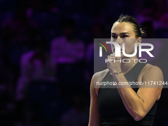 RIYADH, SAUDI ARABIA - NOVEMBER 04: Aryna Sabalenka of Belarus during her match against Jasmine Paolini of Italy on day 3 of the 2024 WTA Fi...