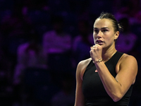 RIYADH, SAUDI ARABIA - NOVEMBER 04: Aryna Sabalenka of Belarus during her match against Jasmine Paolini of Italy on day 3 of the 2024 WTA Fi...