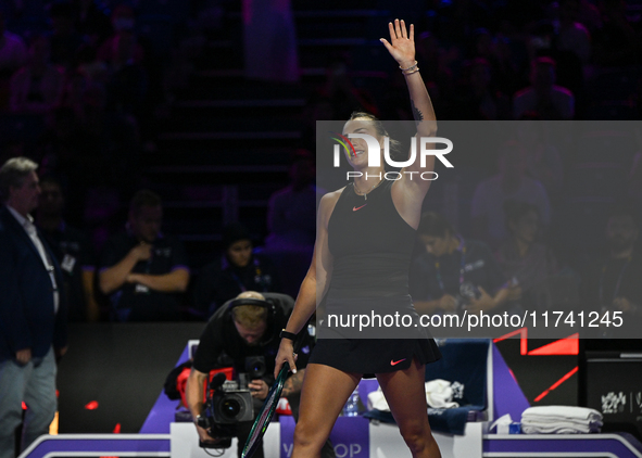 RIYADH, SAUDI ARABIA - NOVEMBER 04: Aryna Sabalenka of Belarus celebrates after her victory against Jasmine Paolini of Italy on day 3 of the...