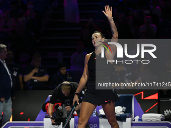 RIYADH, SAUDI ARABIA - NOVEMBER 04: Aryna Sabalenka of Belarus celebrates after her victory against Jasmine Paolini of Italy on day 3 of the...