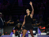 RIYADH, SAUDI ARABIA - NOVEMBER 04: Aryna Sabalenka of Belarus celebrates after her victory against Jasmine Paolini of Italy on day 3 of the...