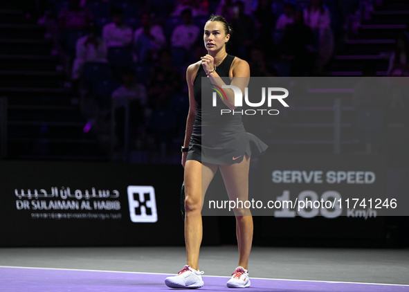 RIYADH, SAUDI ARABIA - NOVEMBER 04: Aryna Sabalenka of Belarus during her match against Jasmine Paolini of Italy on day 3 of the 2024 WTA Fi...