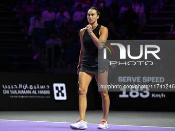 RIYADH, SAUDI ARABIA - NOVEMBER 04: Aryna Sabalenka of Belarus during her match against Jasmine Paolini of Italy on day 3 of the 2024 WTA Fi...