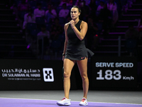 RIYADH, SAUDI ARABIA - NOVEMBER 04: Aryna Sabalenka of Belarus during her match against Jasmine Paolini of Italy on day 3 of the 2024 WTA Fi...