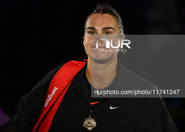 RIYADH, SAUDI ARABIA - NOVEMBER 04: Aryna Sabalenka of Belarus after her victory against Jasmine Paolini of Italy on day 3 of the 2024 WTA F...