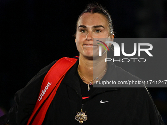 RIYADH, SAUDI ARABIA - NOVEMBER 04: Aryna Sabalenka of Belarus after her victory against Jasmine Paolini of Italy on day 3 of the 2024 WTA F...