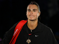 RIYADH, SAUDI ARABIA - NOVEMBER 04: Aryna Sabalenka of Belarus after her victory against Jasmine Paolini of Italy on day 3 of the 2024 WTA F...