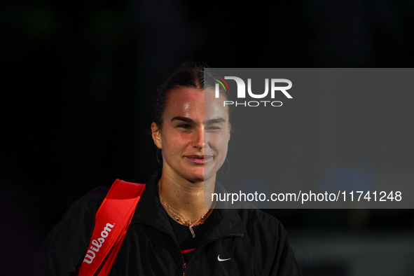 RIYADH, SAUDI ARABIA - NOVEMBER 04: Aryna Sabalenka of Belarus pictures after her victory against Jasmine Paolini of Italy on day 3 of the 2...