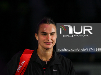 RIYADH, SAUDI ARABIA - NOVEMBER 04: Aryna Sabalenka of Belarus pictures after her victory against Jasmine Paolini of Italy on day 3 of the 2...