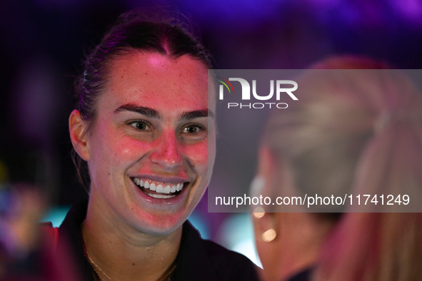 RIYADH, SAUDI ARABIA - NOVEMBER 04: Aryna Sabalenka of Belarus speaks to the media after her victory against Jasmine Paolini of Italy on day...