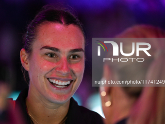 RIYADH, SAUDI ARABIA - NOVEMBER 04: Aryna Sabalenka of Belarus speaks to the media after her victory against Jasmine Paolini of Italy on day...