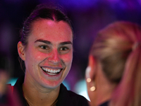 RIYADH, SAUDI ARABIA - NOVEMBER 04: Aryna Sabalenka of Belarus speaks to the media after her victory against Jasmine Paolini of Italy on day...