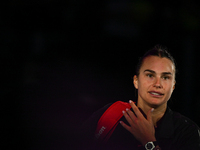 RIYADH, SAUDI ARABIA - NOVEMBER 04: Aryna Sabalenka of Belarus speaks to the media after her victory against Jasmine Paolini of Italy on day...