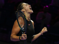 RIYADH, SAUDI ARABIA - NOVEMBER 04: Aryna Sabalenka of Belarus during her match against Jasmine Paolini of Italy on day 3 of the 2024 WTA Fi...