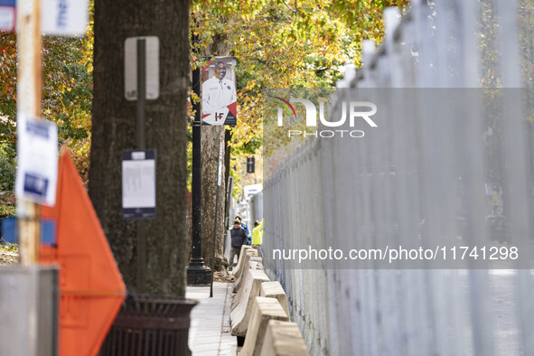 Crews outside Howard University in Washington, DC, on November 4, 2024, put up fencing where Vice President Kamala Harris will have a watch...