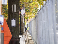 Crews outside Howard University in Washington, DC, on November 4, 2024, put up fencing where Vice President Kamala Harris will have a watch...