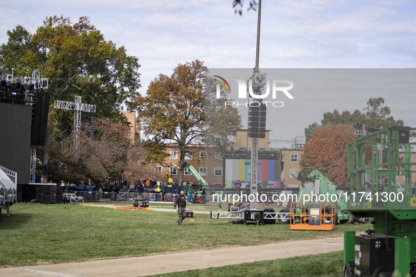 Crews outside Howard University in Washington, DC, on November 4, 2024, put up fencing where Vice President Kamala Harris will have a watch...