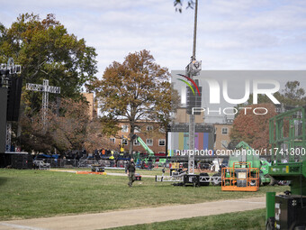 Crews outside Howard University in Washington, DC, on November 4, 2024, put up fencing where Vice President Kamala Harris will have a watch...