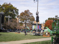 Crews outside Howard University in Washington, DC, on November 4, 2024, put up fencing where Vice President Kamala Harris will have a watch...